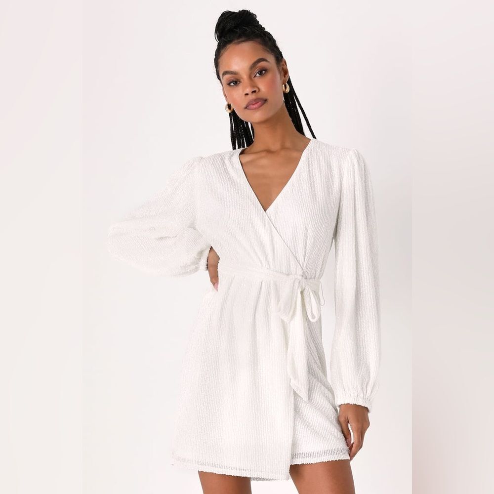 Lulus Sparkly Darling White Sequin Long Sleeve Wrap Dress